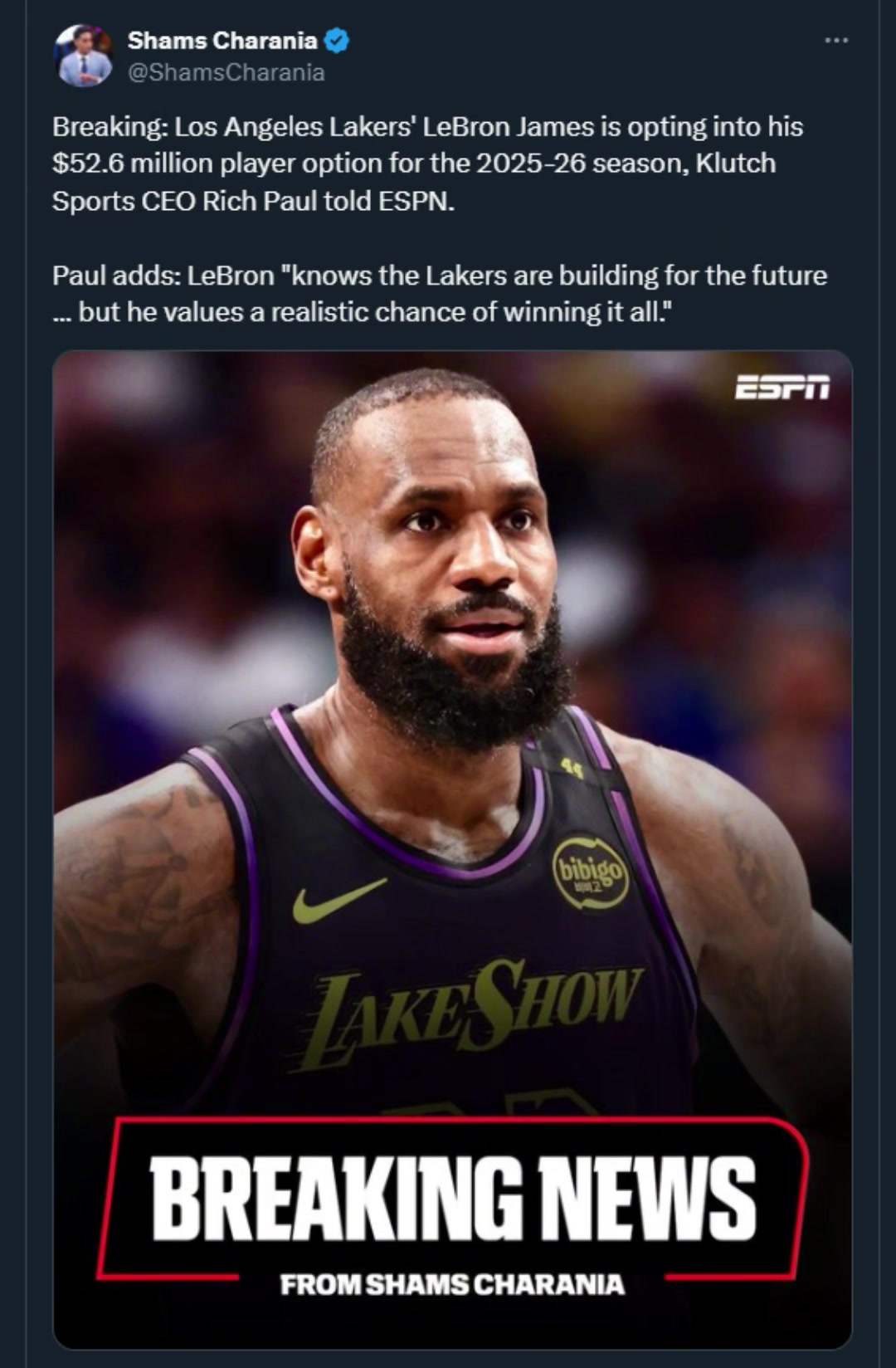 真要退役了詹姆斯将执行下赛季的球员选项而不是像以往那样选择重签11