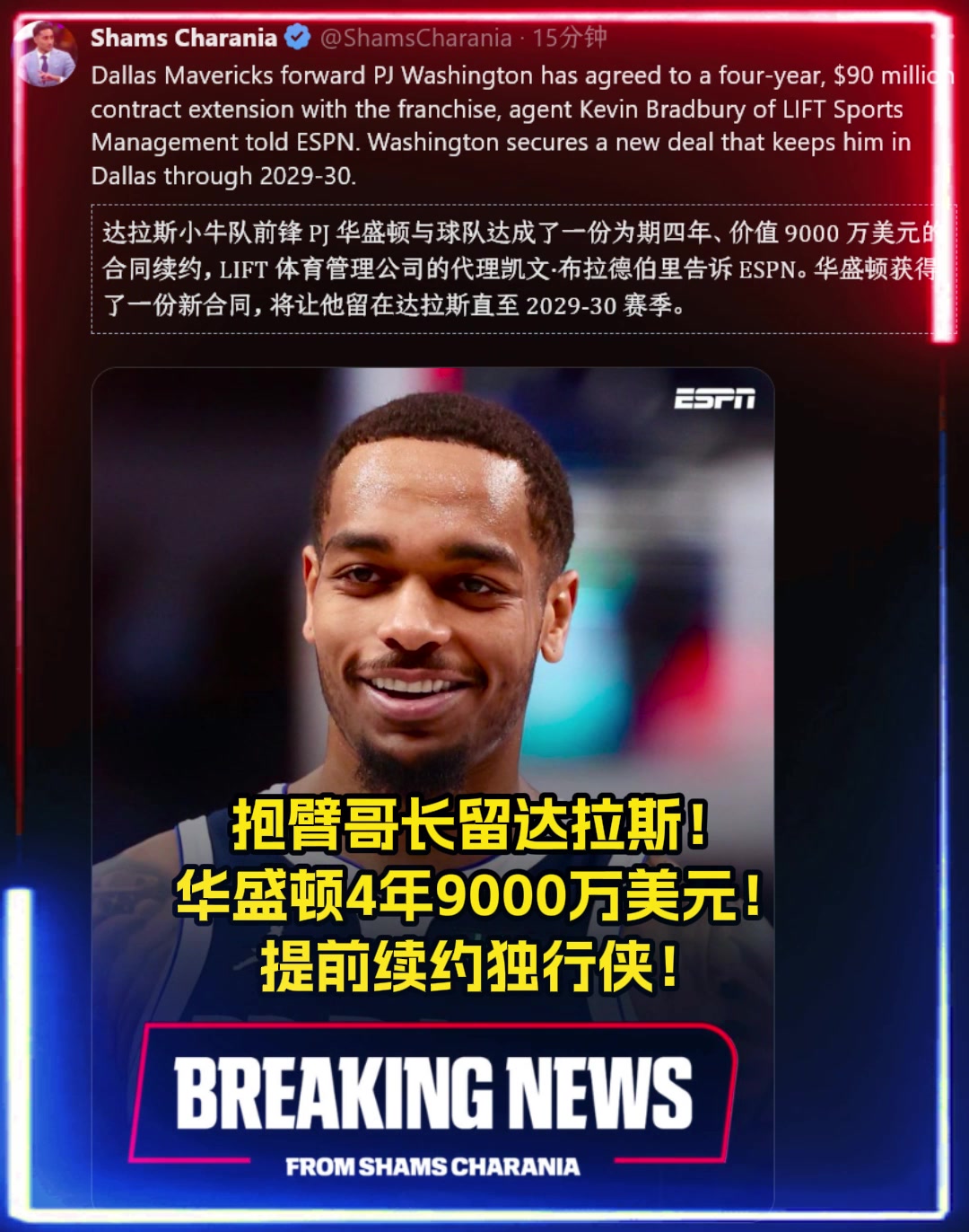 良心价贵了吗名记华盛顿4年9000万提前续约独行侠