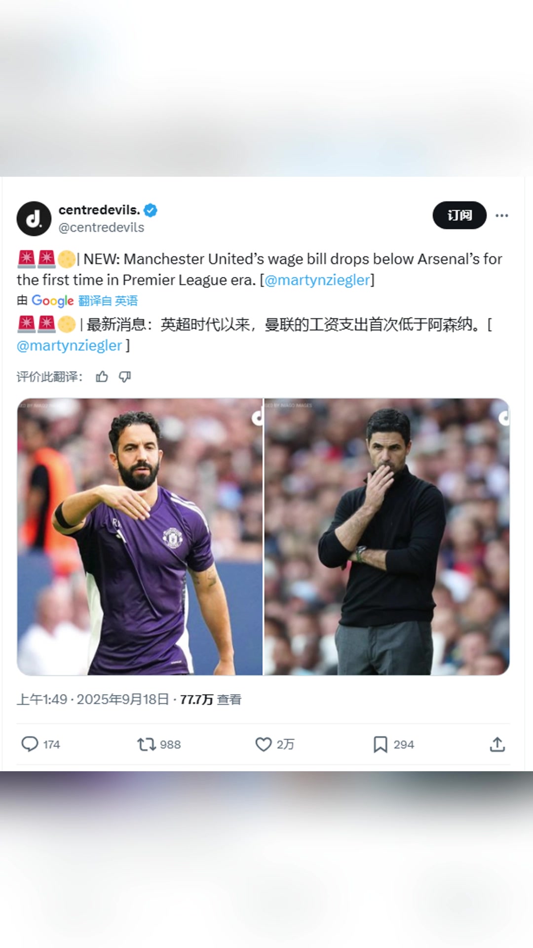 外媒自英超时代以来曼联的工资支出首次低于阿森纳