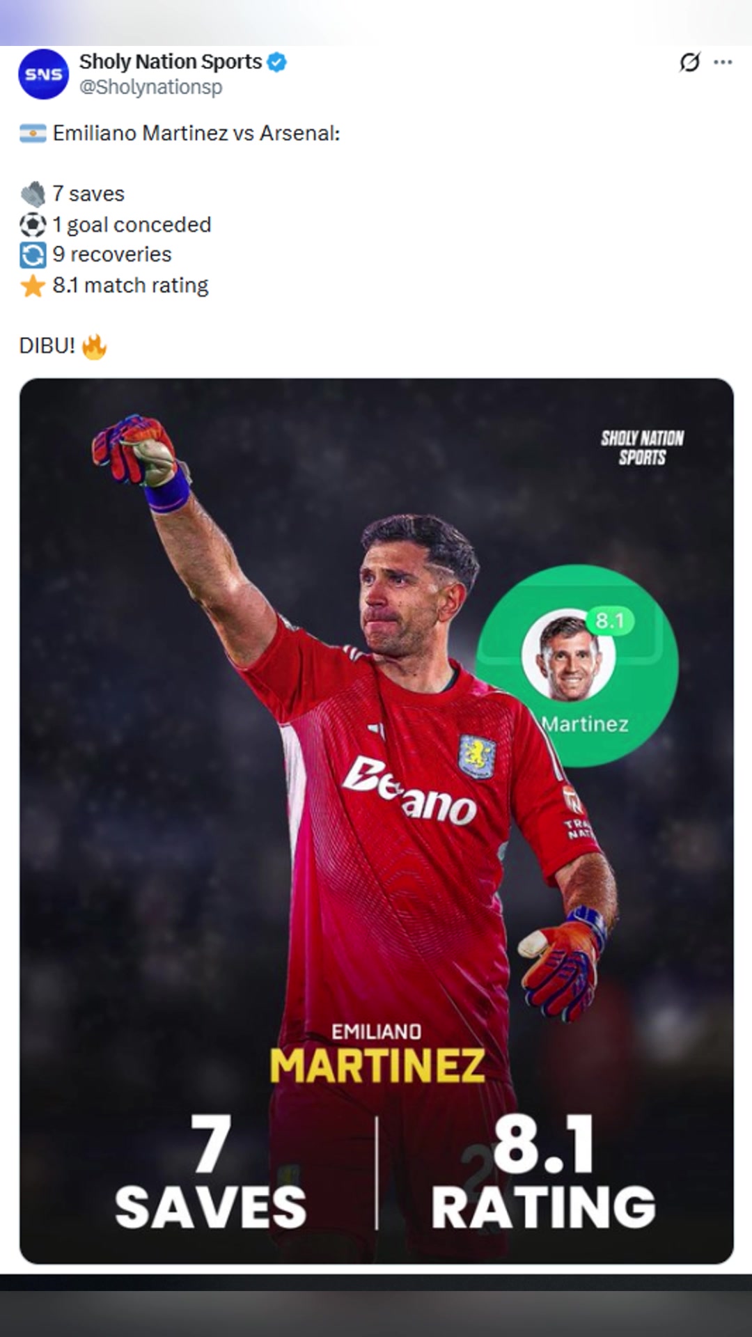 全场7次扑救大马丁赛后被评8.1高分